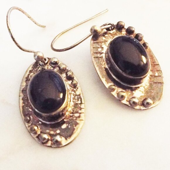 MEXICO STERLING SILVER GRANULATED BLACK OBSIDIAN STONE CABOCHON OVAL EARRINGS B - Picture 1 of 4